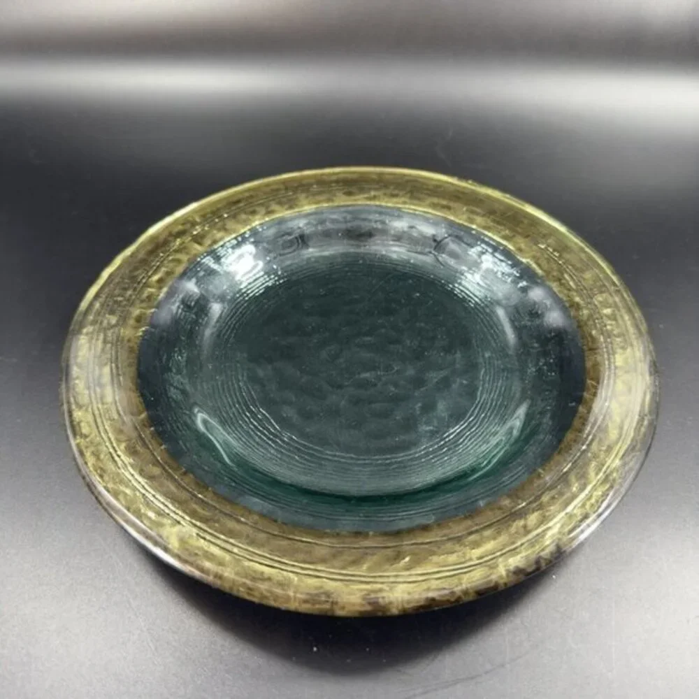 Vintage Italian Hand Made Fused Art Glass Plate Dish Transparent Green With Gold